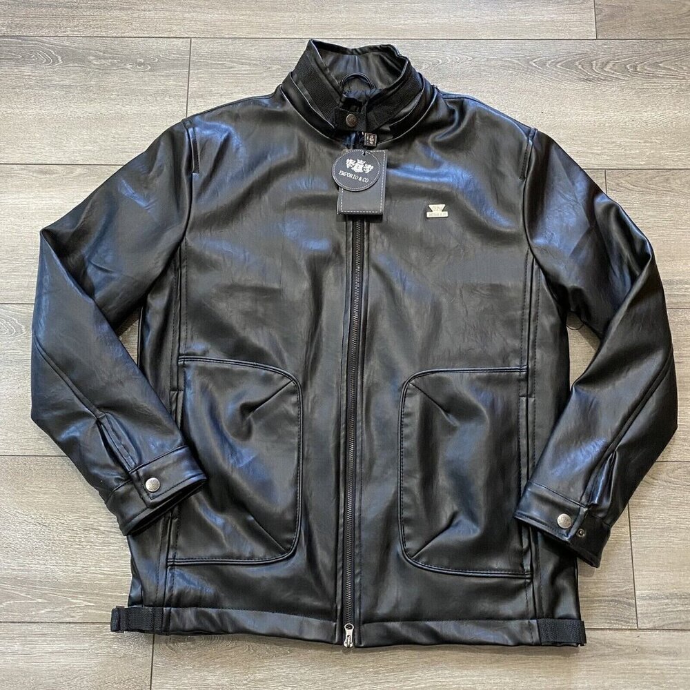 Men's Black Performance Jacket - Faux Leather Zip Front